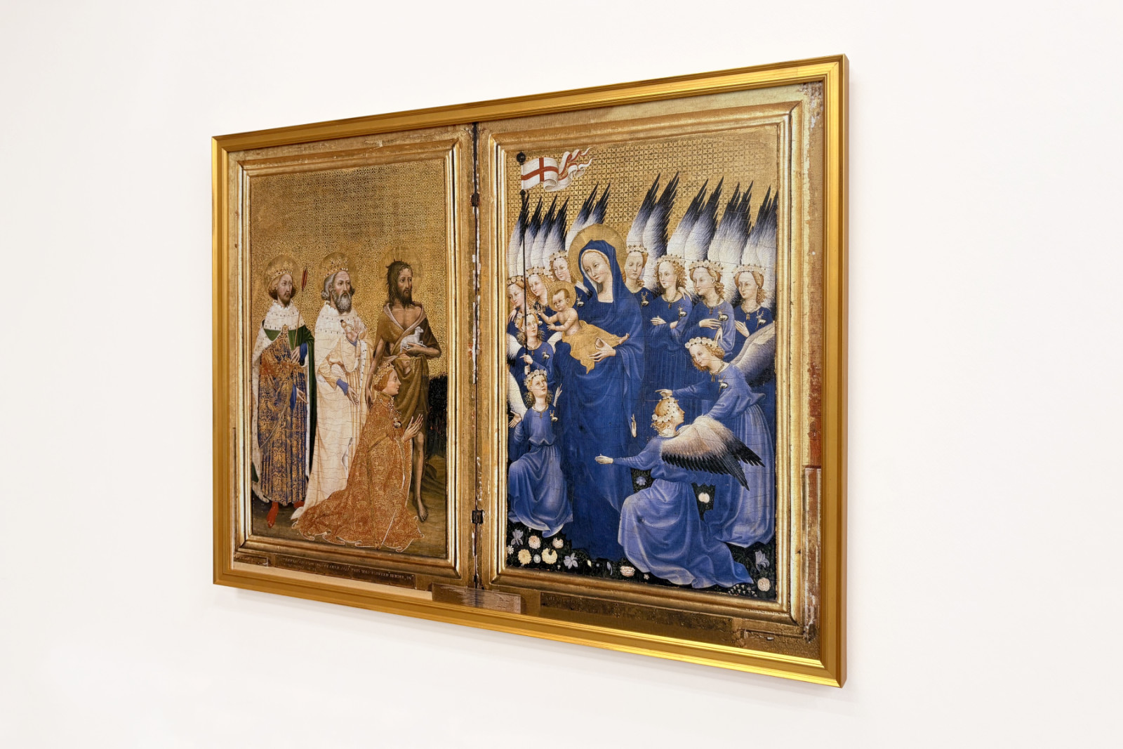 Richard II gepresenteerd aan de Maagd en het Kind door zijn patroonheilige Johannes de Doper en de heiligen Edward en Edmund, c.1395-99 - Master of the Wilton Diptych