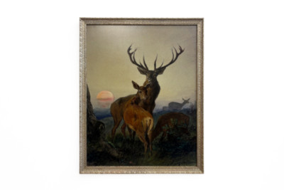 Een Hert met een Ree in een Bebost Landschap bij Zonsondergang - Carl Friedrich Deiker