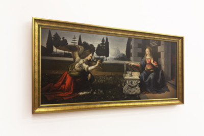 Italië Toscane Florence, Uffizi Galerij: De Annunciatie, schilderij door Leonardo da Vinci (1452-1519), ca. 1472-1475, 98x217 cm