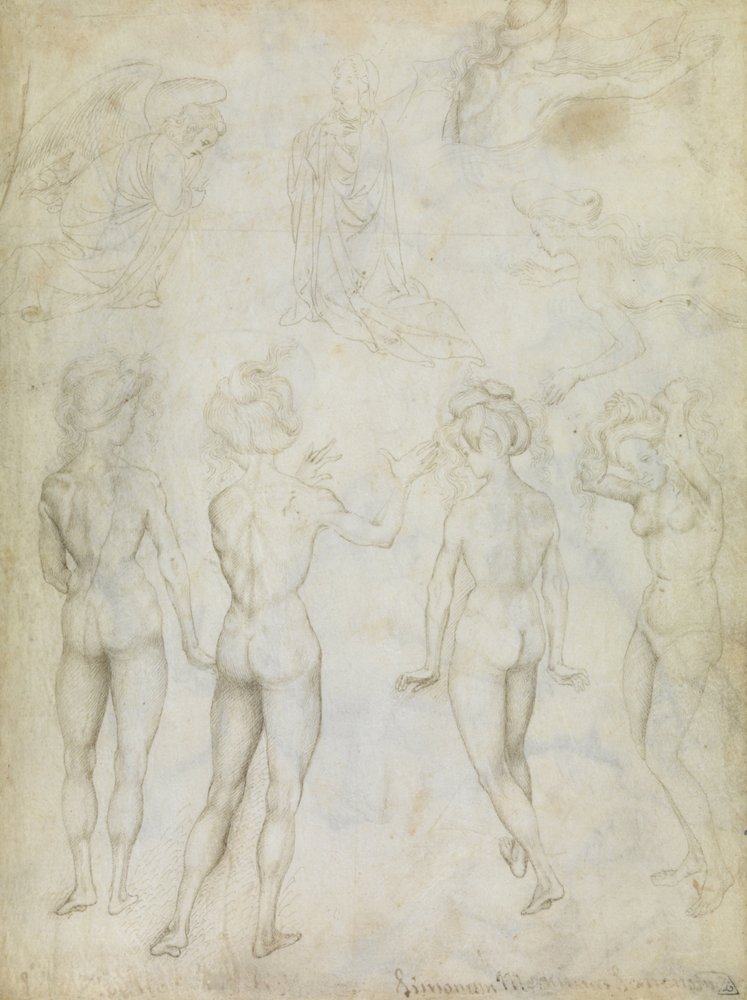 Vier Studies van een Vrouwelijk Naakt, een Aankondiging en Twee Studies van een Zwemmende Vrouw door Antonio Pisanello