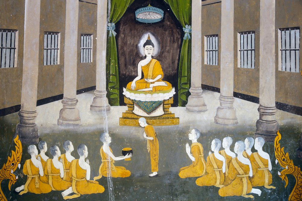 Fresco die een scène uit het leven van Boeddha afbeeldt in Wat Phra Doi Suthep, Chiang Mai. Boeddha met zijn sangha. Thailand door Unknown