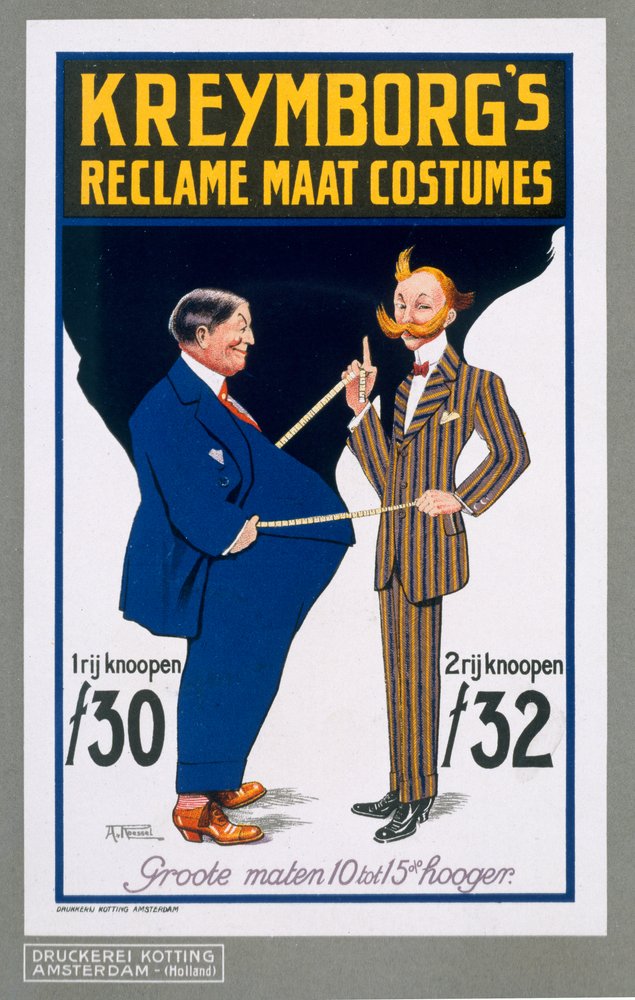 Reclame Maat Kostuums, poster die Kreymborgs Nederlandse kleermakers adverteert, 1914 door A. von Roessel