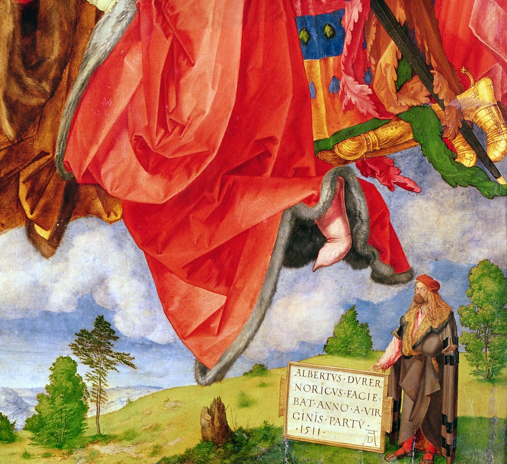 Het Landauer Altaarstuk, Allerheiligen, zelfportret, 1511 (detail) door Albrecht Dürer