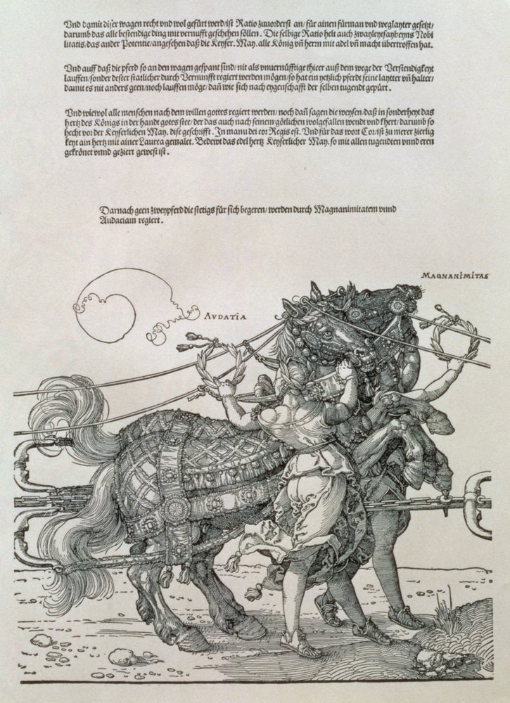 Triomfwagen van Keizer Maximiliaan I van Duitsland (1459-1519): detail van de paardenteams, geleid door twee Deugden, Grootmoedigheid en Durf door Albrecht Dürer