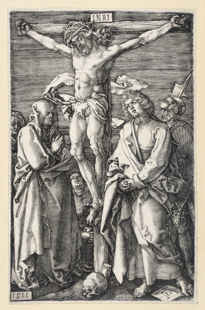 Christus aan het kruis tussen Maria en Johannes (gegraveerde Passie) door Albrecht Dürer