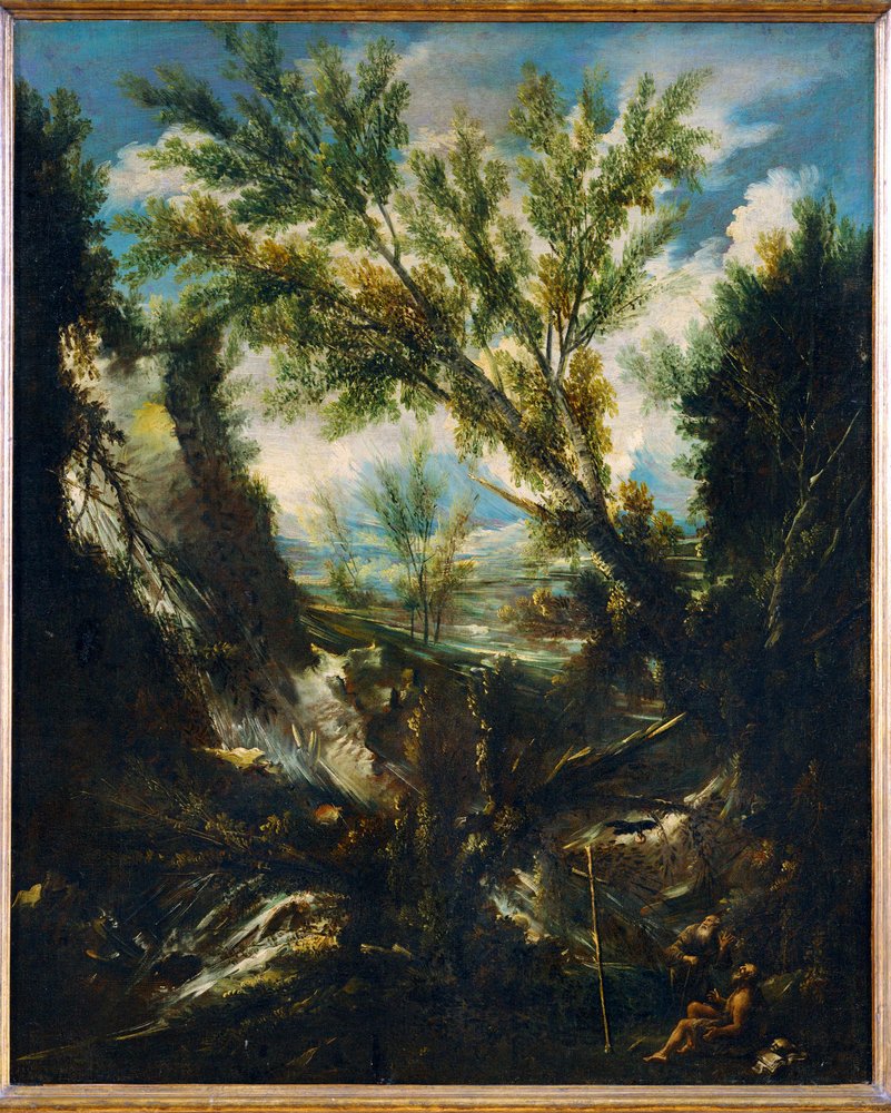 Stormachtig landschap met de profeet Elia en de heilige Hiëronymus, kerkvader (schilderij op doek) door Alessandro Magnasco