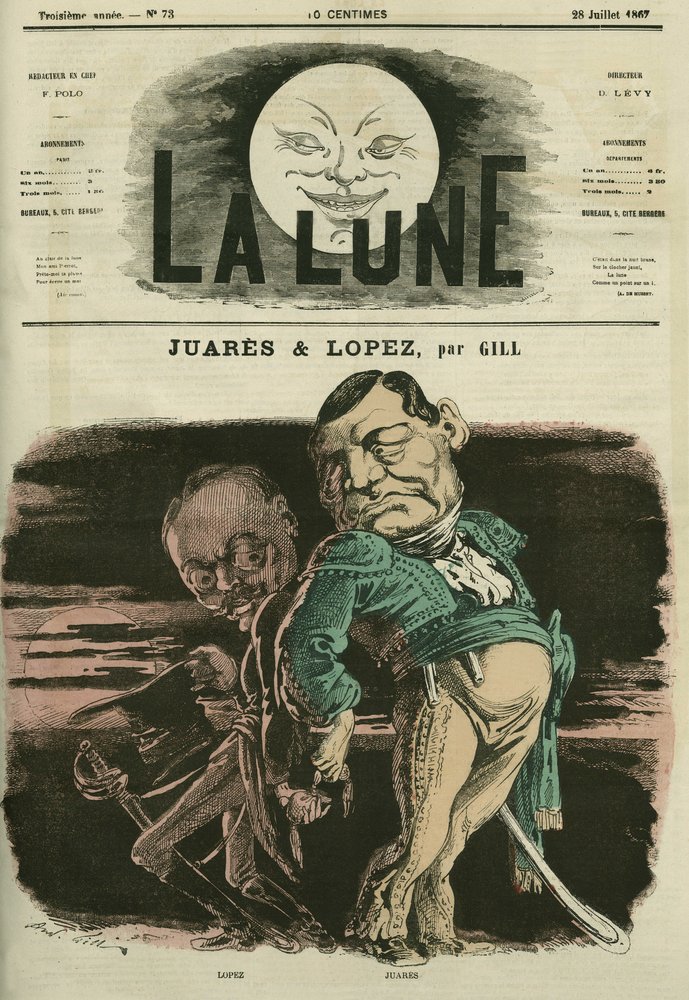 Portret van Juares en Lopez. Karikatuur door Gill, in 'La Lune', 28 juli door Andre Gill