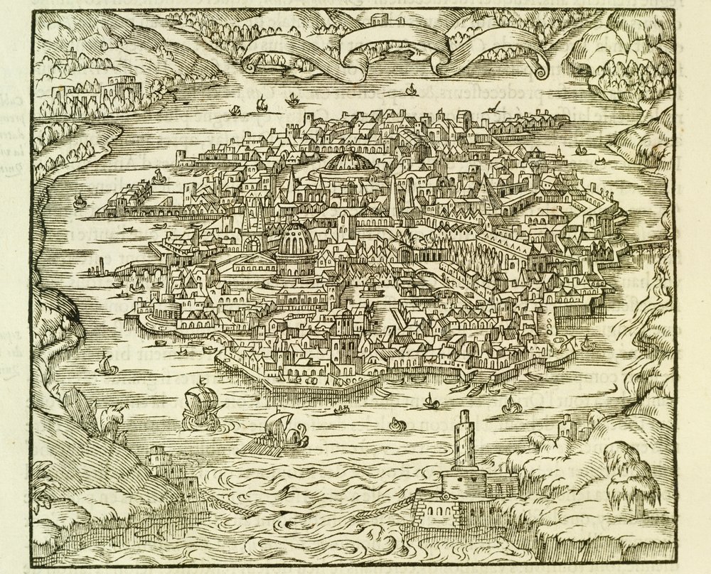 Stad Quinsai (nu Tianjin), gravure uit «La Cosmographie Universelle» (Universele kosmografie) van André Thevet door Andre Thevet