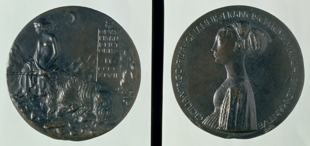 Portretmedaille, voorzijde met Cecilia Gonzaga, keerzijde met een vrouwelijke figuur en een eenhoorn, 1447 door Antonio Pisanello