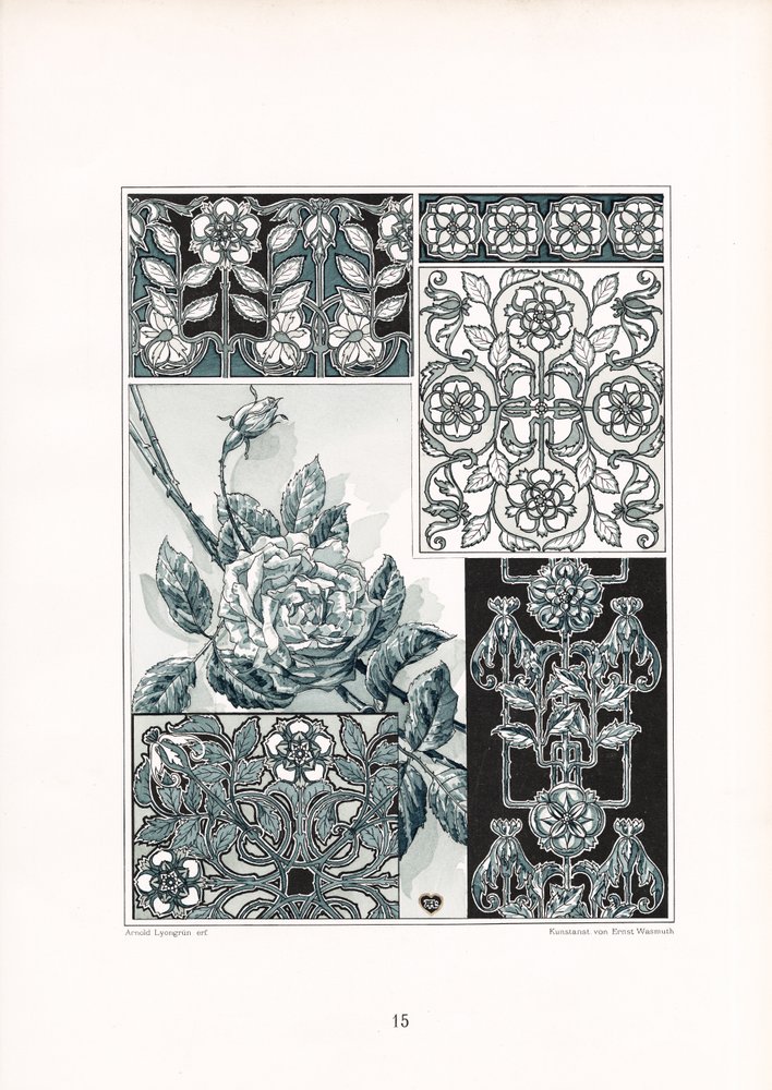 Rozenornament Studies in Groene Tinten (litho) door Arnold Lyongrün