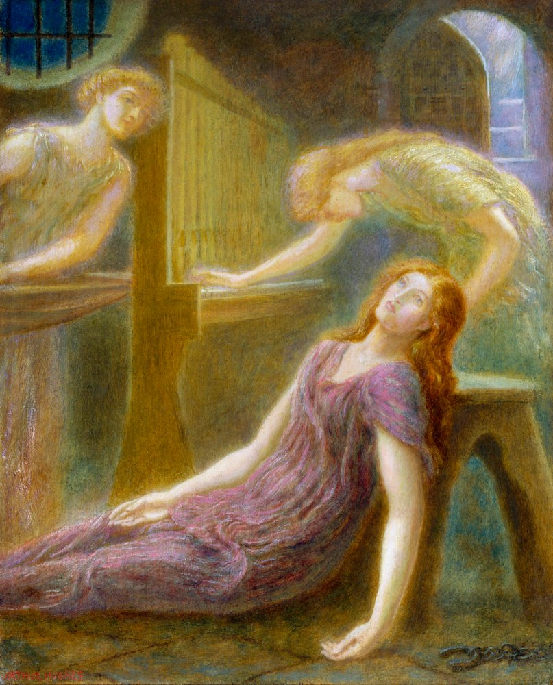 "Saint Cecile" Schilderij van Arthur Hughes (1832-1915) 1874 Privécollectie door Arthur Hughes