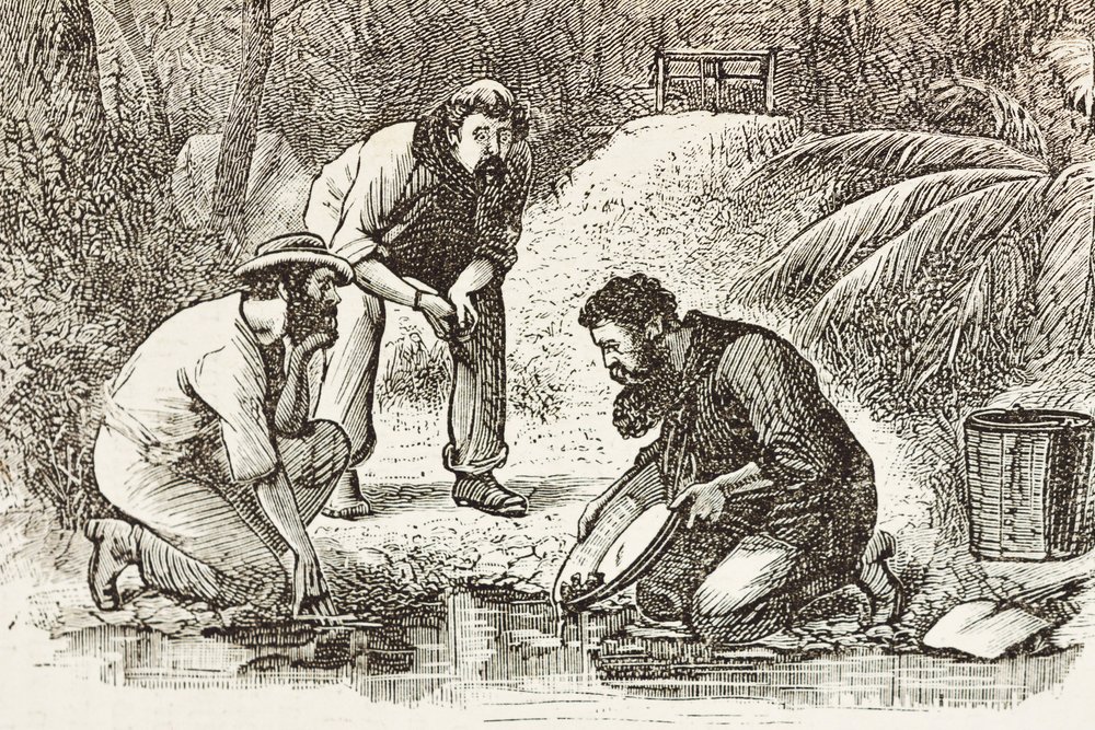 Australië (1880). Het leven van de goudzoekers in Botany Bay (gesticht in 1788). Gravure. Privécollectie door Artist Unknown