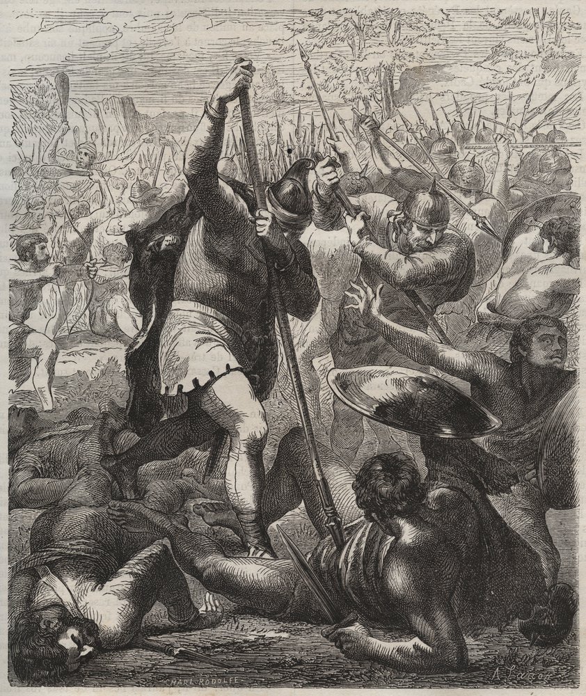 Voorstelling van Pelage de veroveraar koning van Asturië triomfantelijk tegen de Saracenen, 719, Covadonga, Spanje". door Artist Unknown