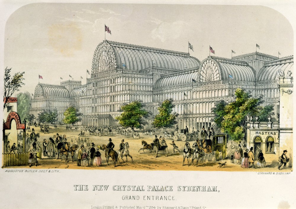 Het nieuwe Crystal Palace in Sydenham, hoofdingang, gepubliceerd in 1854 door Augustus Butler