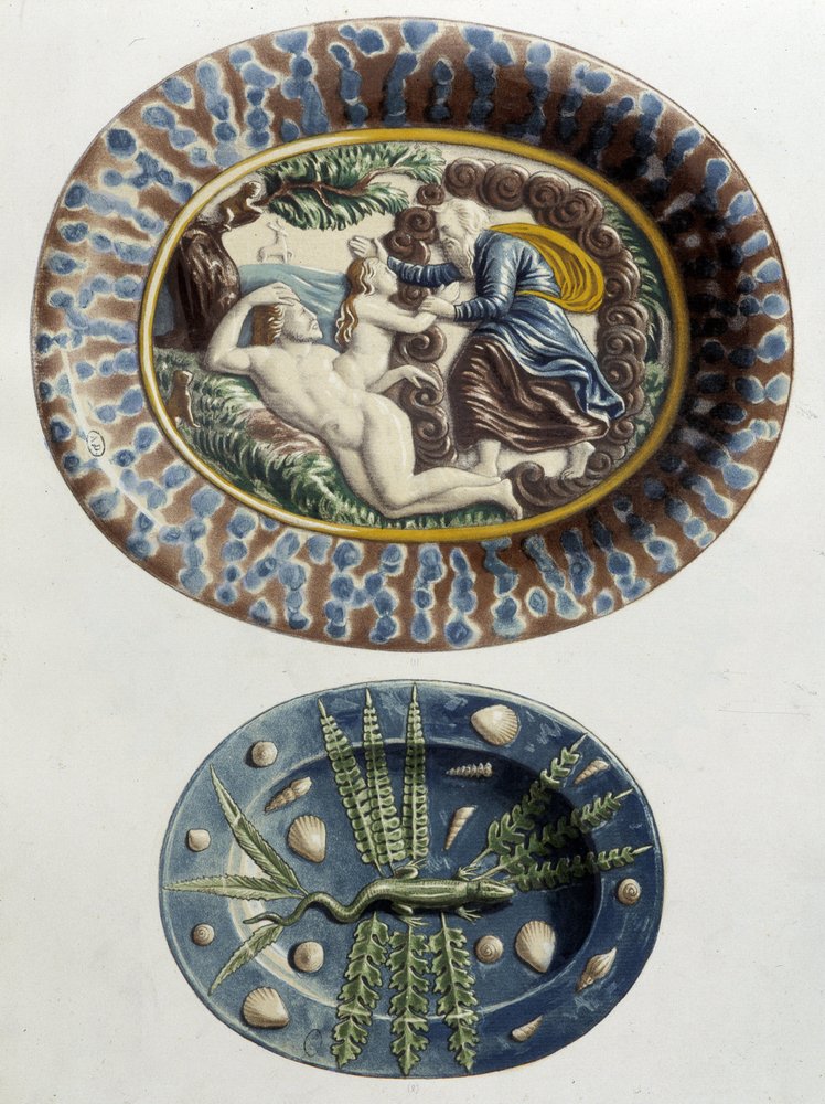 God creëert Eva uit Adams dij; Hagedis - Keramische schotels, in "The work of Bernard Palissy" door C. Delange en C. Borneman, Parijs door Bernard (after) Palissy