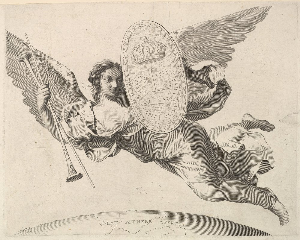 Roem die een schild draagt met de initialen van Lodewijk XIV La Renommée volant door Claude Mellan