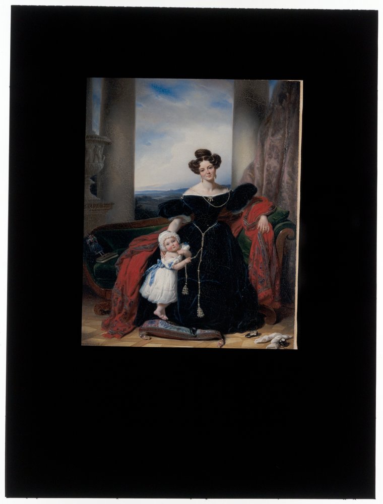 Portret van een dame zittend op een Biedermeier-bank vergezeld door haar dochter door Cornelis Kruseman