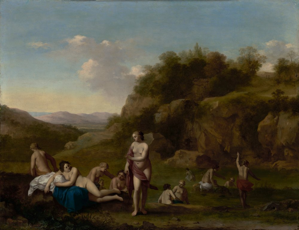 Landschap met badende naakten door Cornelis van Poelenburgh or Poelenburch