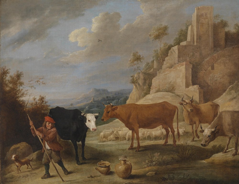 Een herder met zijn kudde in een landschap met ruïnes door David Teniers the Younger