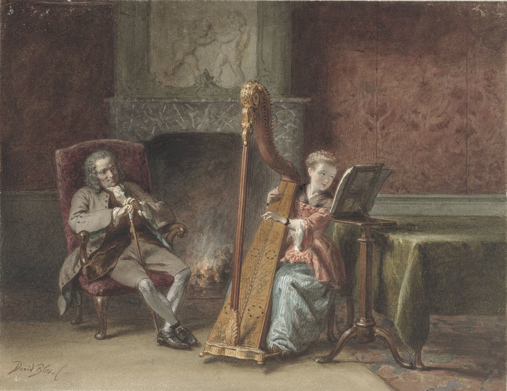 Interieur met meisje dat harp speelt en een heer in een stoel die toekijkt door David Bles