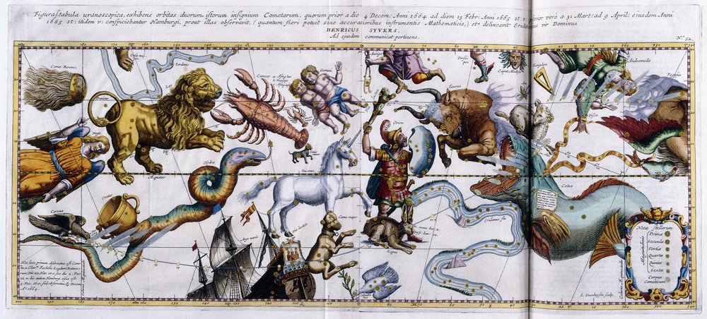 Hemelkaart van de sterrenbeelden: Orion, Stier, Ram, Vissen enz., 1666-1668 door Dutch School