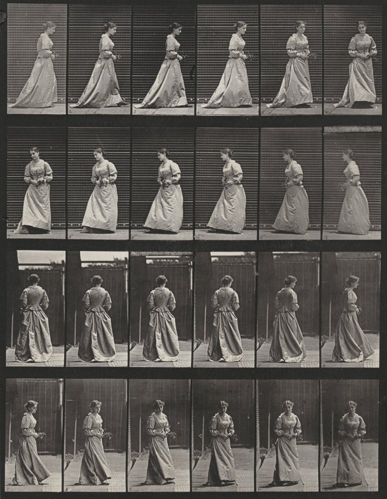 Plaat nummer 48. Lopen en zich omdraaien met een boeket in beide handen door Eadweard Muybridge