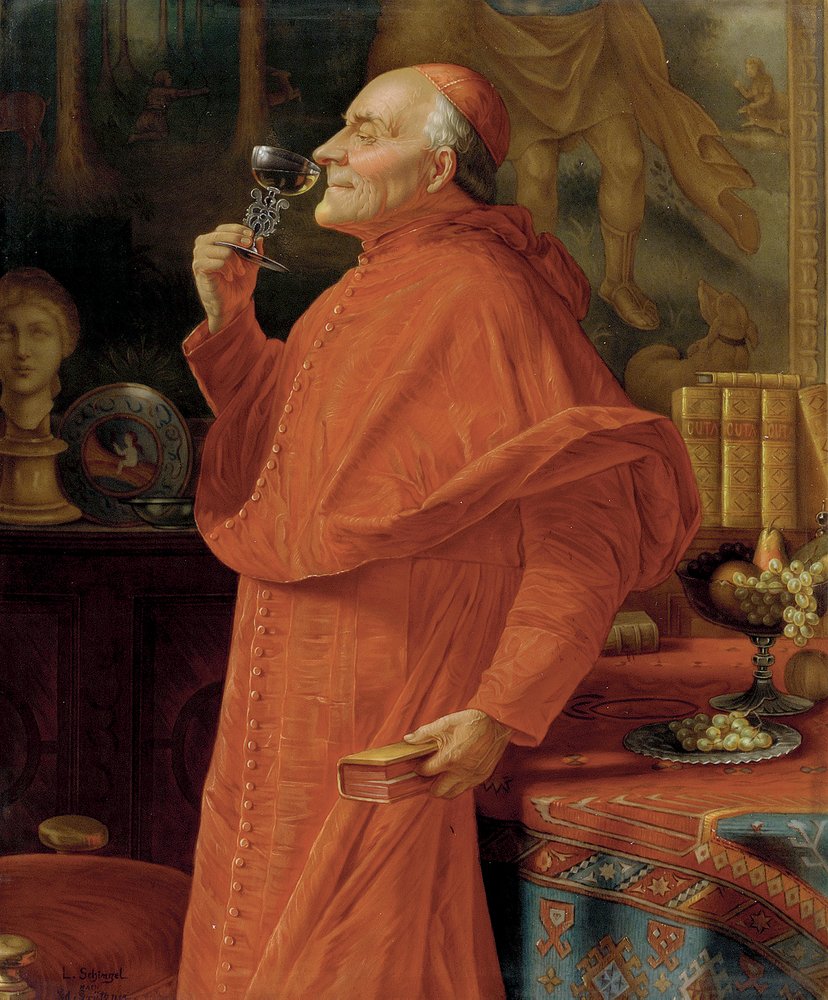 Kardinaal die het bouquet van een witte wijn onderzoekt (in een Venetiaans glas). Omstreeks 1900. door Eduard von Grutzner