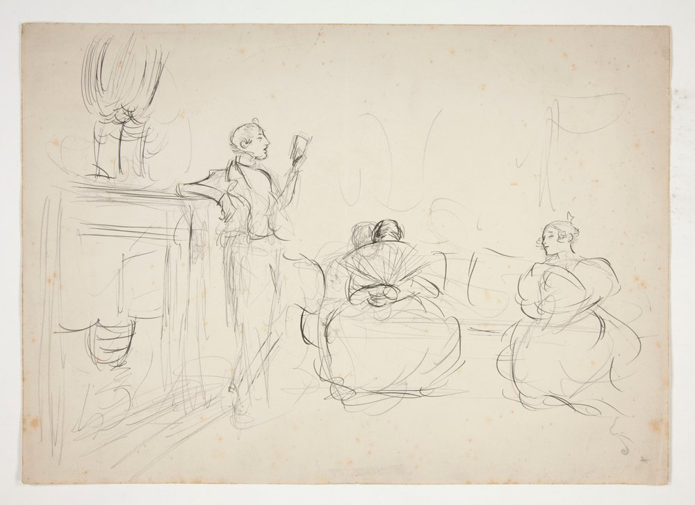 Schets van een interieur: man leest voor, vrouwen breien - niet-geïdentificeerde illustratie door Edwin Austin Abbey