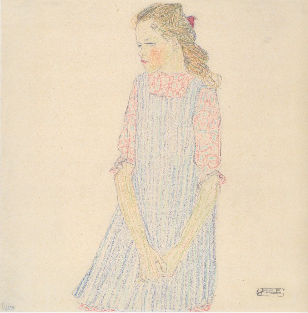 Meisje met rode strik door Egon Schiele