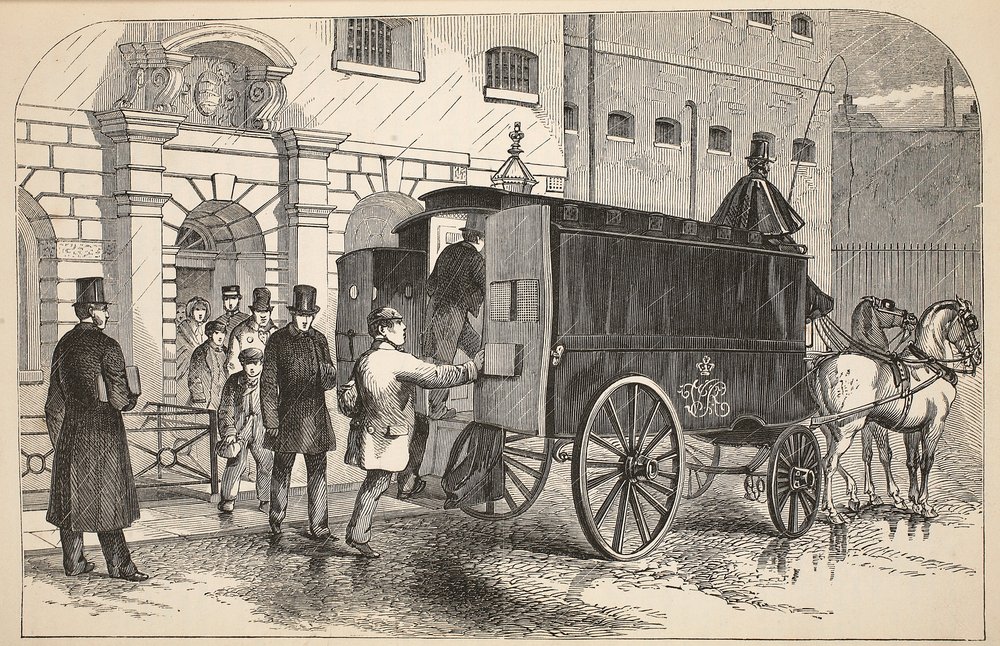 Gevangeniswagen die gevangenen ophaalt bij het House of Detention, illustratie uit The Criminal Prisons of London and Scenes from Prison Life door Henry Mayhew en John Binny, uitgegeven in 1862 door English School