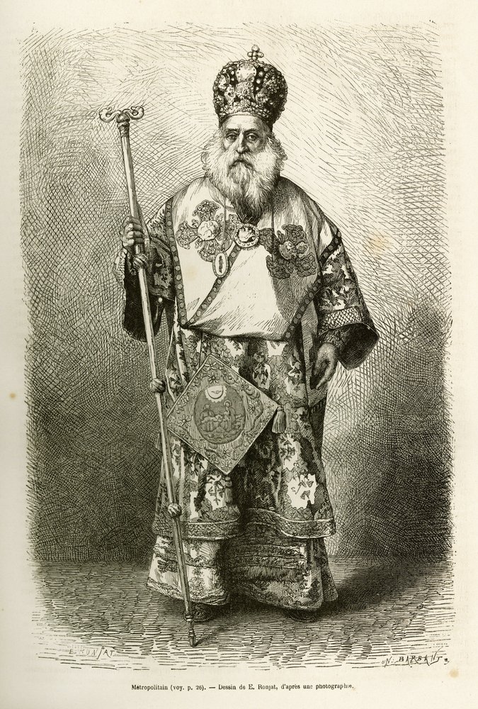 De metropoliet van de nieuwe kathedraal van Athene. Gravure naar de tekening van E. Ronjat, ter illustratie van de reis naar Griekenland, door Henri Belle, in 1861-1868-1874, gepubliceerd in 