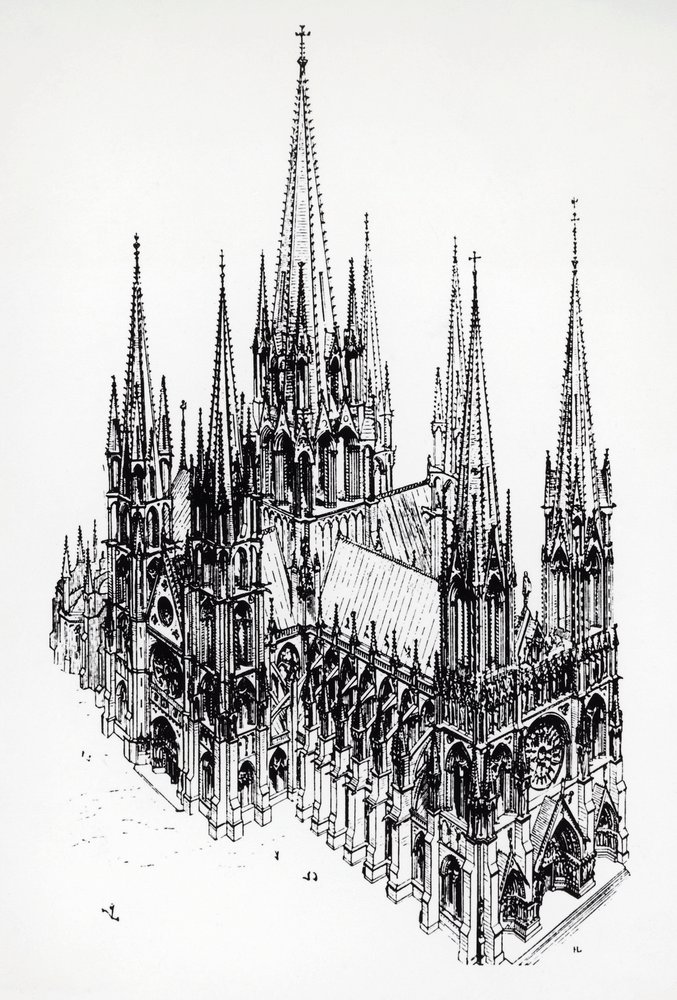 Isometrisch aanzicht van een ideale kathedraal, tekening van Eugène Emmanuel Viollet-le-Duc (1814-1879) uit Woordenboek van Franse architectuur van de 11e tot de 16e eeuw door Eugene Emmanuel Viollet-le-Duc