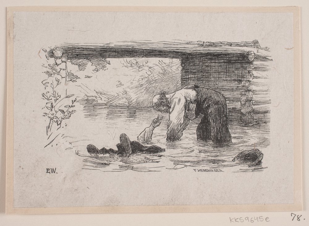 Illustratie voor "Kjærringen mod strømmen" door F. Hendriksen
