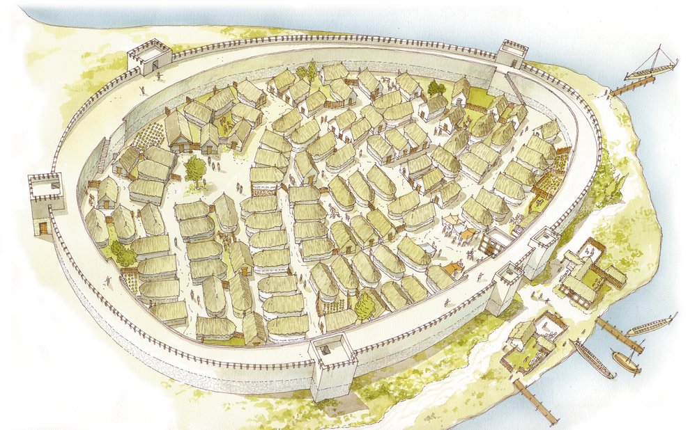 Griekenland. Polis (stad), 8e eeuw. Reconstructie door Fernando Aznar Cenamor