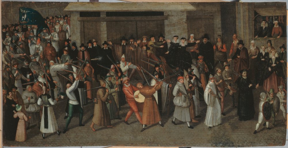 Processie van de Liga op het Île de la Cité, bij het verlaten van de Notre-Dame, ca. 1590 door Francois Bunel
