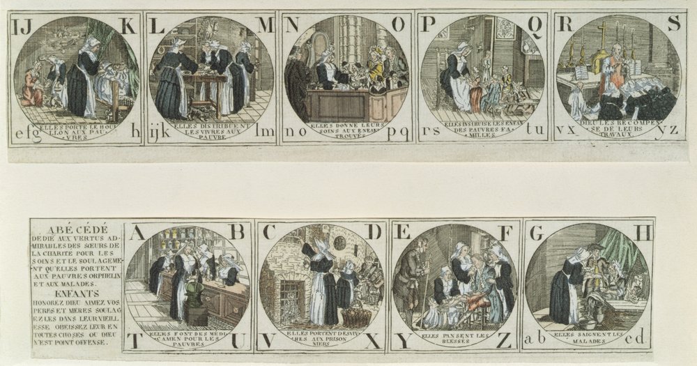 Alfabetprimer die het werk van de Zusters van Liefde uitbeeldt, begin negentiende eeuw (kleurgravure) door French School