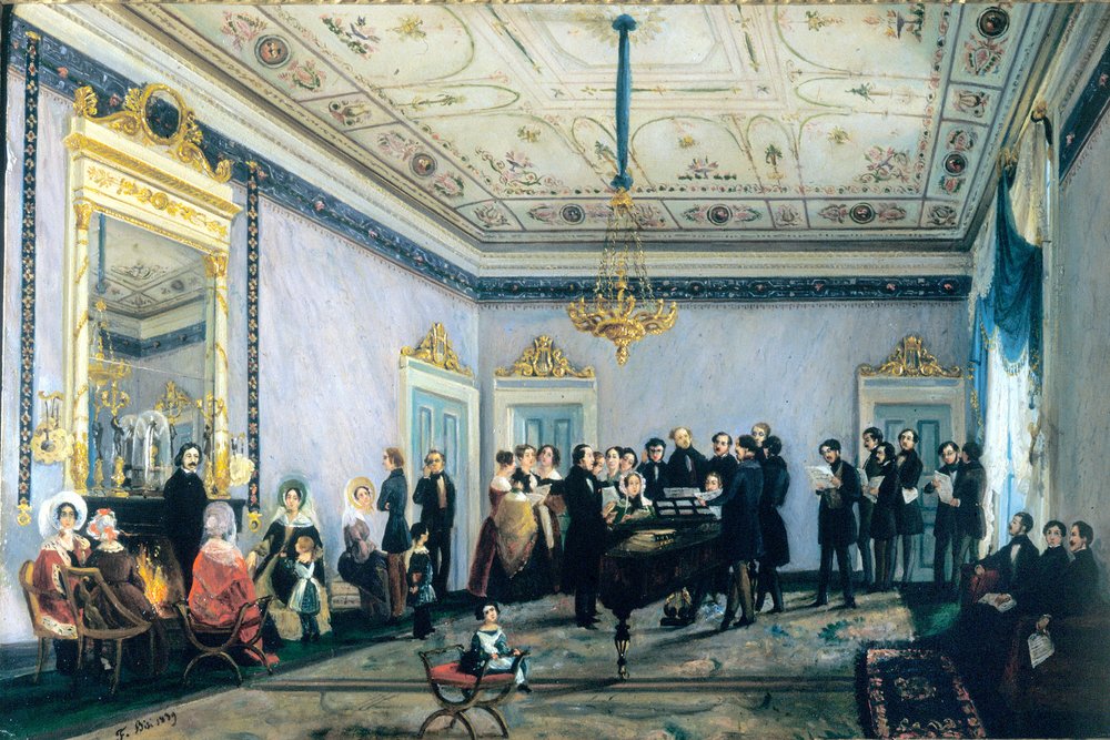 Concert in het huis van Branca (Salon, of bijeenkomst van de muziekwereld in Milaan), 1839 door Fulvia Bisi