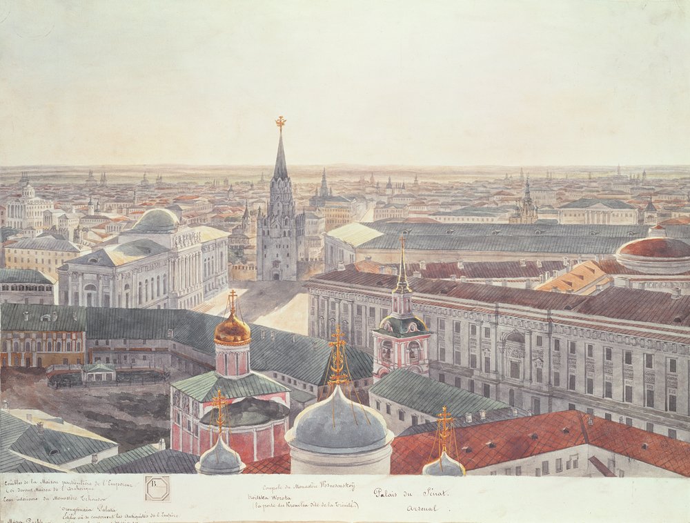Panorama van Moskou, met het voormalige Senaatspaleis (nu het Kabinet), Wosnesenskoy Klooster en het voormalige Arsenaal, 1819 door Gadolle