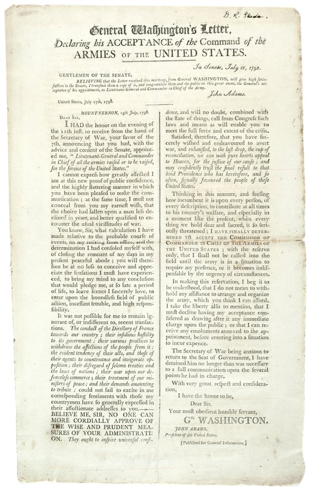 Brief van generaal Washington waarin hij zijn aanvaarding van het commando verklaart, 18 juli 1798 door George Washington