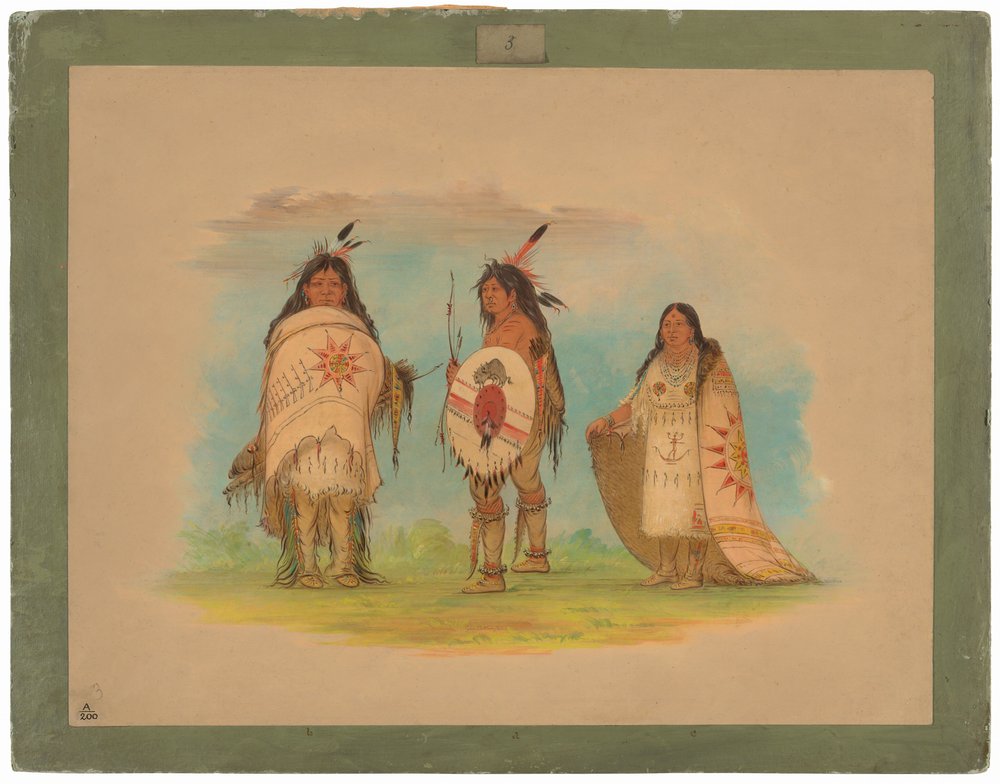 Drie Riccarree-indianen door George Catlin