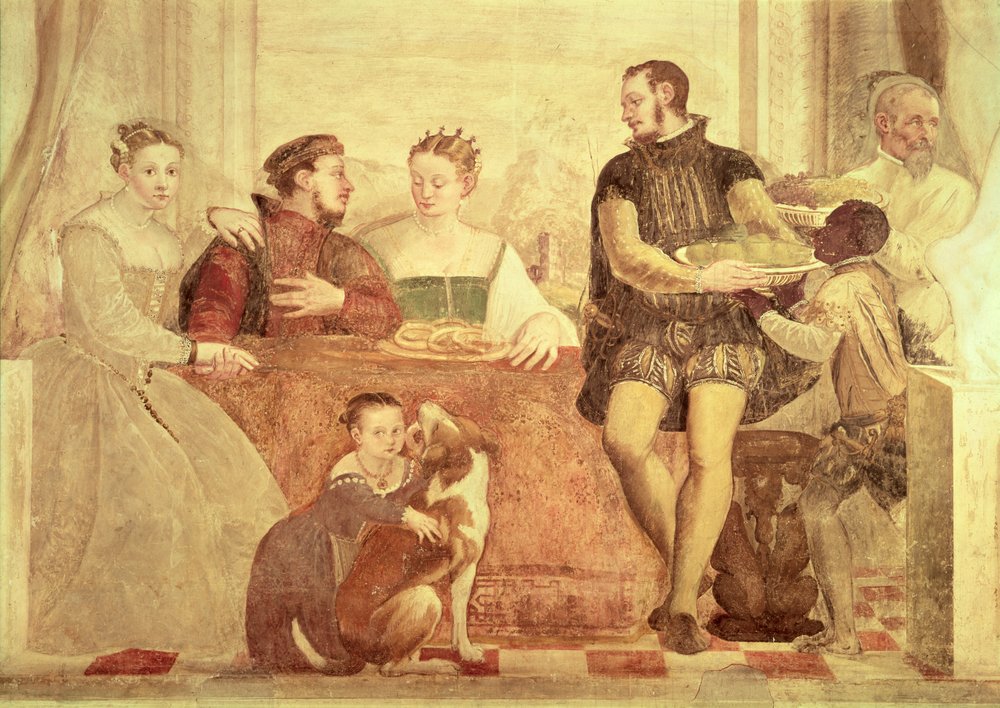 Het banket, detail van figuren aan tafel door Giovanni Antonio Fasolo