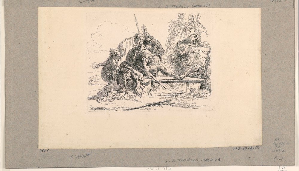 Twee Soldaten en Twee Vrouwen, uit de Vari Capricci door Giovanni-Battista Tiepolo