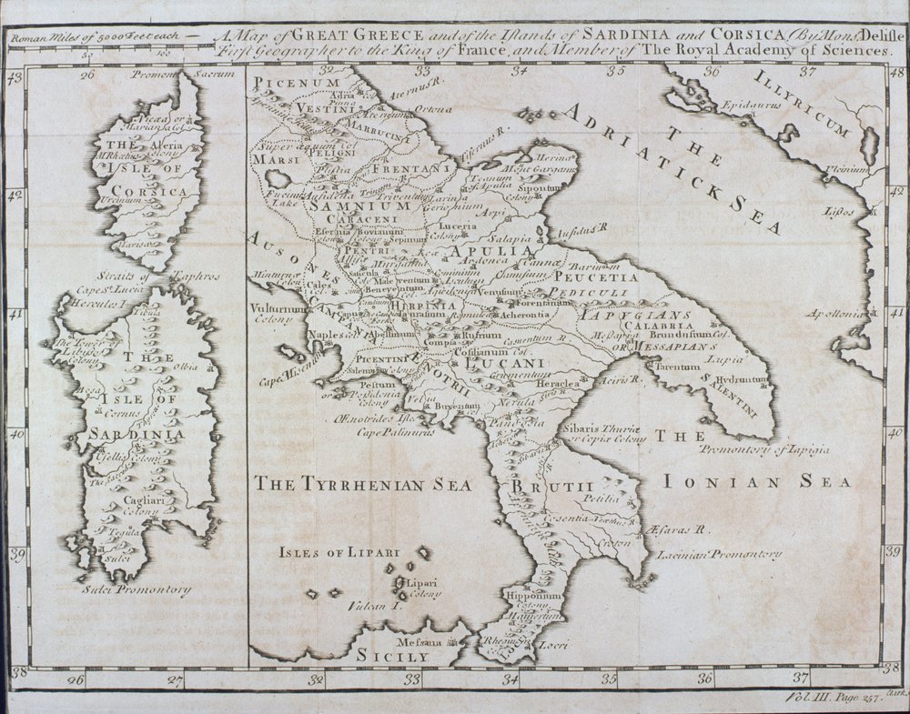 Kaart van Zuid-Italië, Corsica en Sardinië, in de oudheid bekend als Groot-Griekenland of Magna Graecia, begin 18e eeuw door Guillaume Delisle