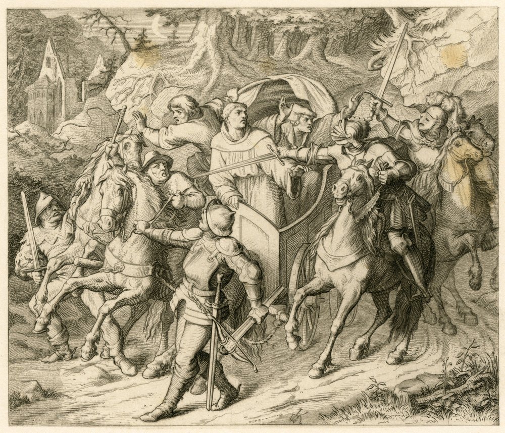 De ontvoering van Maarten Luther op zijn terugreis - 1521 - door Hauptmann von Berlepsch en Burkhard Hund, vanwege de pauselijke ban en de rijksban van de keizer door Gustav Ferdinand Leopold Konig