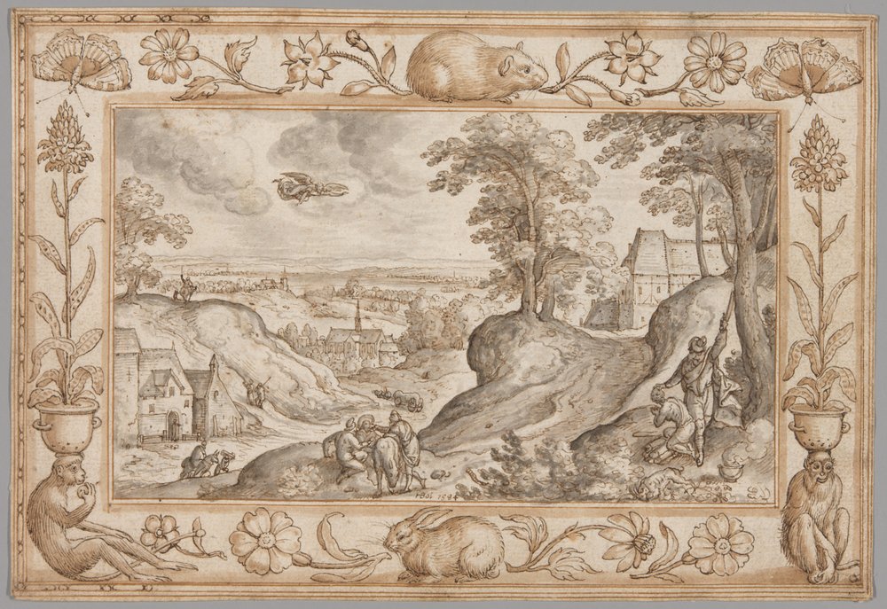 Landschap met het offer van Isaac binnen een decoratieve rand van planten en dieren door Hans Bol