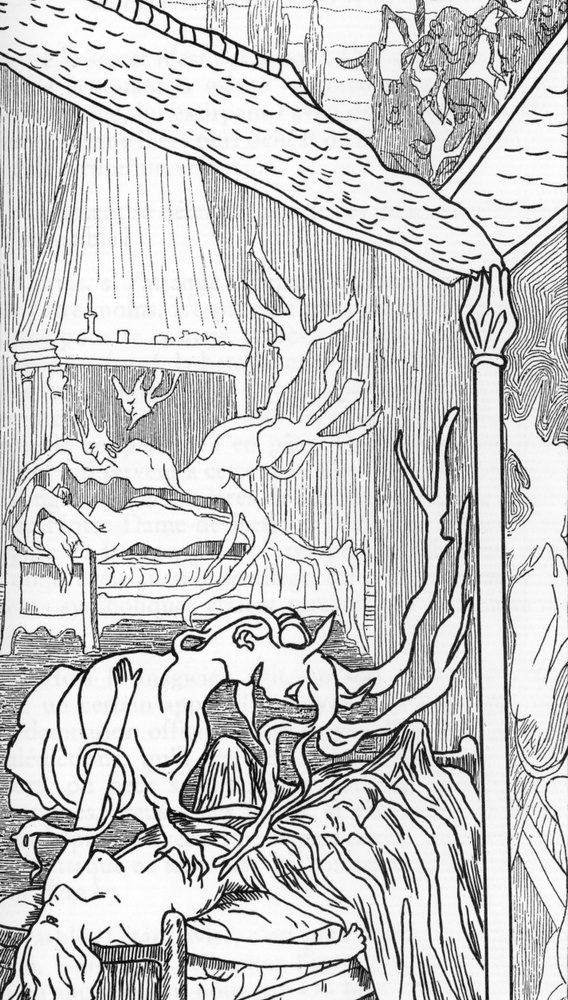 Incubi, engelen die door lust zijn gevallen, demonen worden en vrouwen willen genieten wanneer zij dromen of slapen, en succubi, vrouwelijke demonen die tijdens hun slaap van mannen genieten. Tekening van Henry de Malvost uit «Satanisme en magie» van door Henry de Malvost