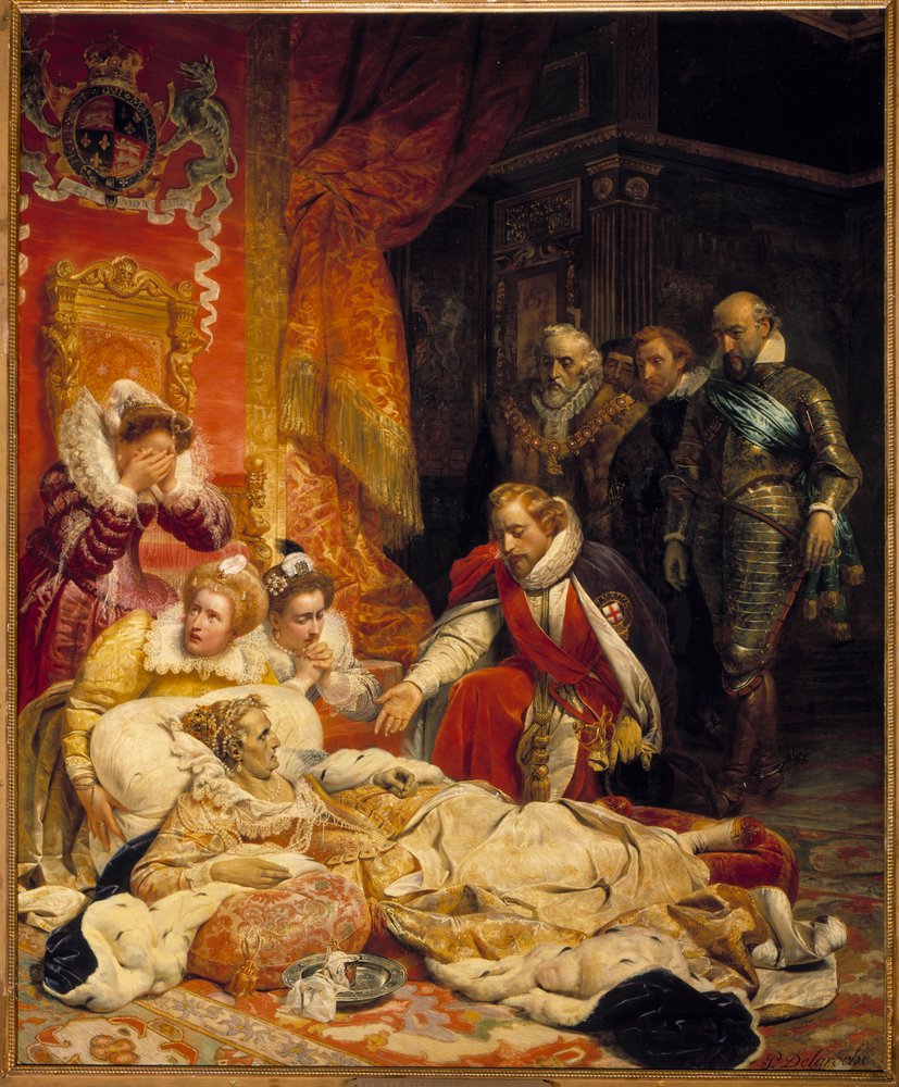 De dood van Elizabeth I, koningin van Engeland, in 1603. Koningin Elizabeth stierf op 24/03/1603 aan depressie en ziekte, omringd door haar hovelingen. Schilderij van Paul Delaroche door Hippolyte Delaroche