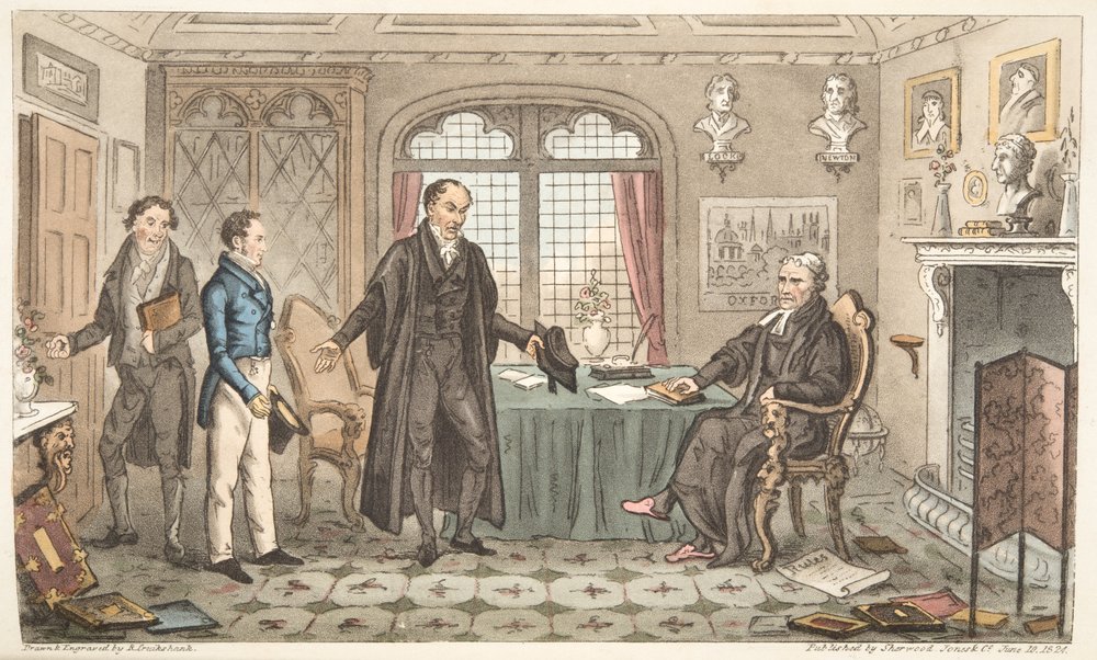 Eerste buiging naar Alma Mater, of Bernard Blackmantles introductie aan de grote pruik, uit The English Spy, gepubliceerd Londen, 1824 door Isaac Robert Cruikshank