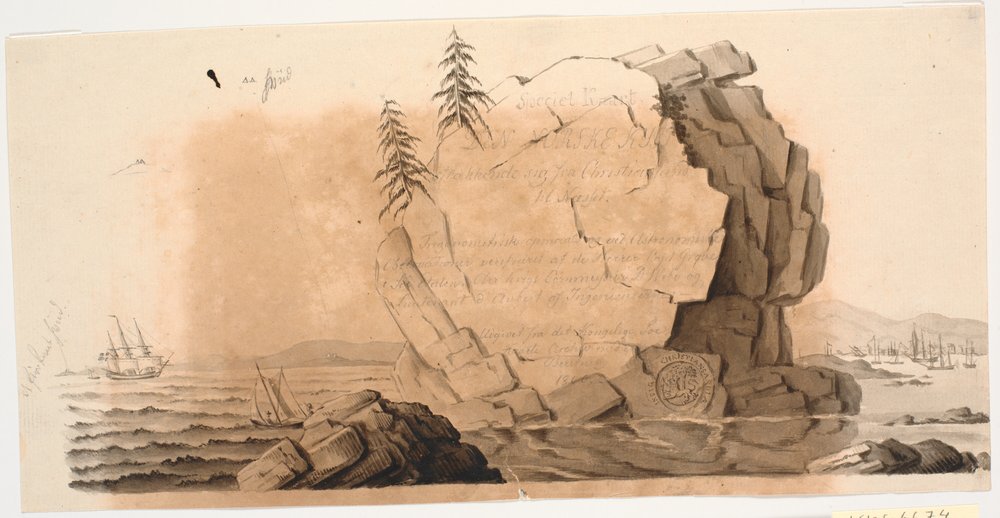 Ontwerp voor titelvignet voor een zeekaart: Speciaal Kaart van een Deel van de Noorse Kust door J.F. Clemens