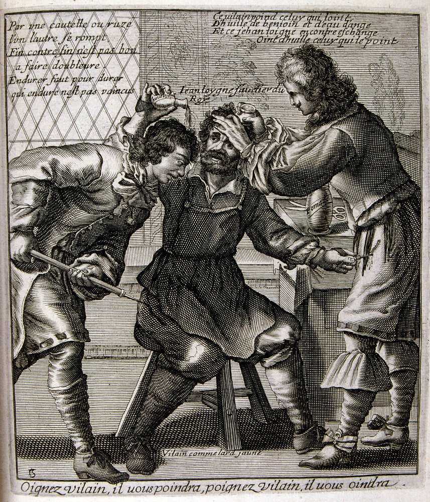 17e eeuwse gegraveerde illustratie uit een verzameling spreekwoorden. Parijs 1657-1663. Door Jacques Lagniet (1620-1675). Franse graveur. Van hem veel maatschappijkritische gravures en spotprenten zoals zijn soms groteske en fantastische illustraties door Jacques Lagniet